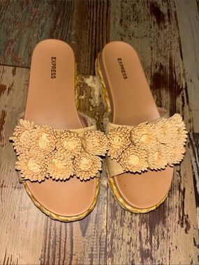 Express Beige Floral Appliqué Slide Mules